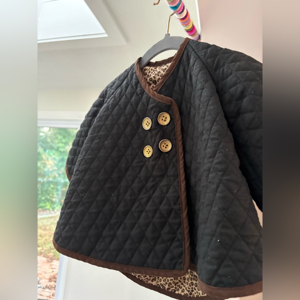 Quilted Black Girls Toddler Cape Jacket Leopard Interior & Brown Trim Size Small